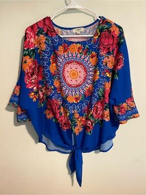 Umgee Royal Blue Floral Tie-Front Blouse